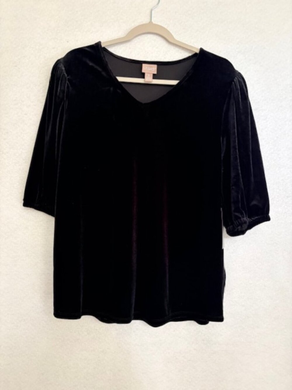 CHICO’S Velvet V Neck Puff Elbow Sleeve XL Top Short Sleeve Knit Black  NEW